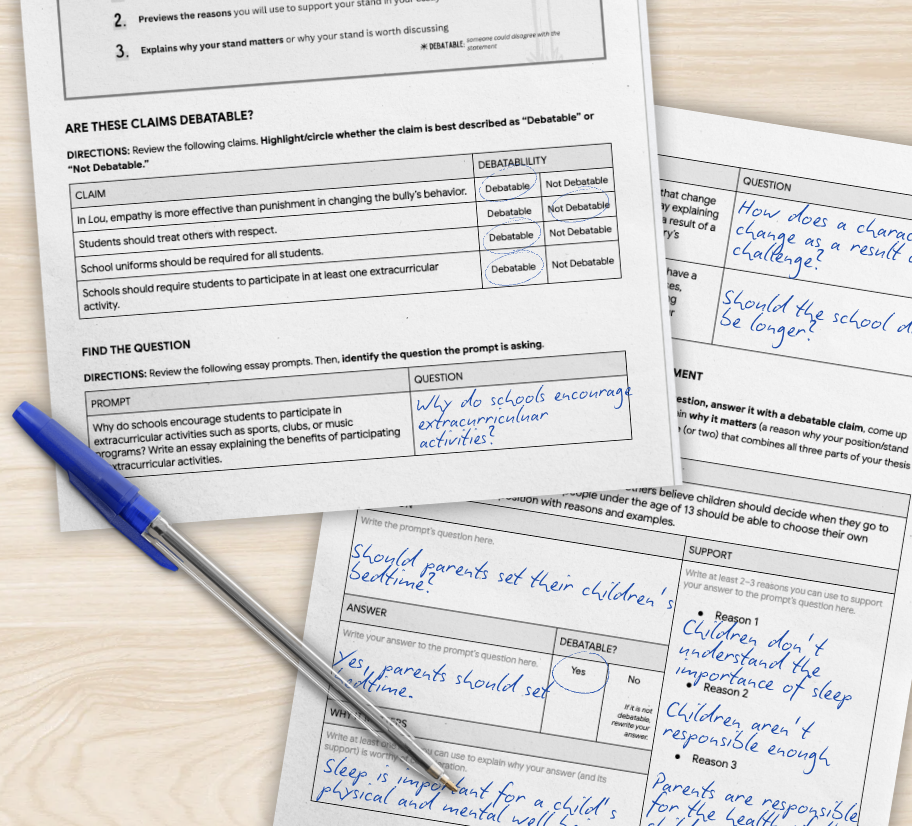 Sample student pages of scaffolded practice for how to write a thesis statement.